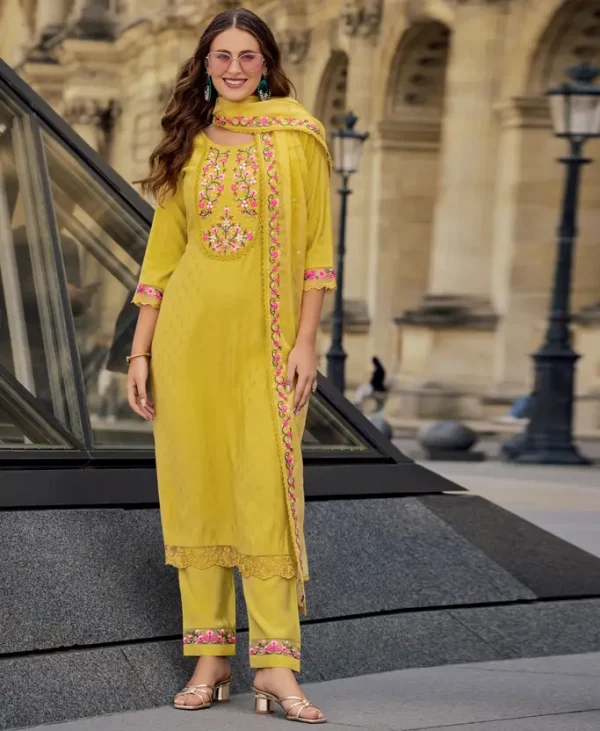 Jacquard Milan Silk Premium Kurta Set with Dupatta with Handwork. - Image 3