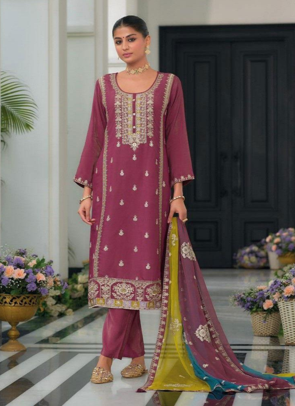 Party Wear Chinon Fabric Kurta Set with Beautiful Multi Colored Dupatta.