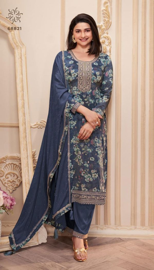 Party Wear Chinnon Fabric Unstitched Dress Material with Chiffon Dupatta. - Image 3