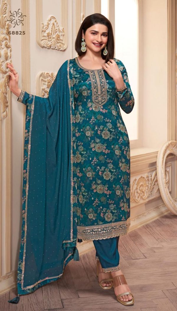 Party Wear Chinnon Fabric Unstitched Dress Material with Chiffon Dupatta. - Image 2