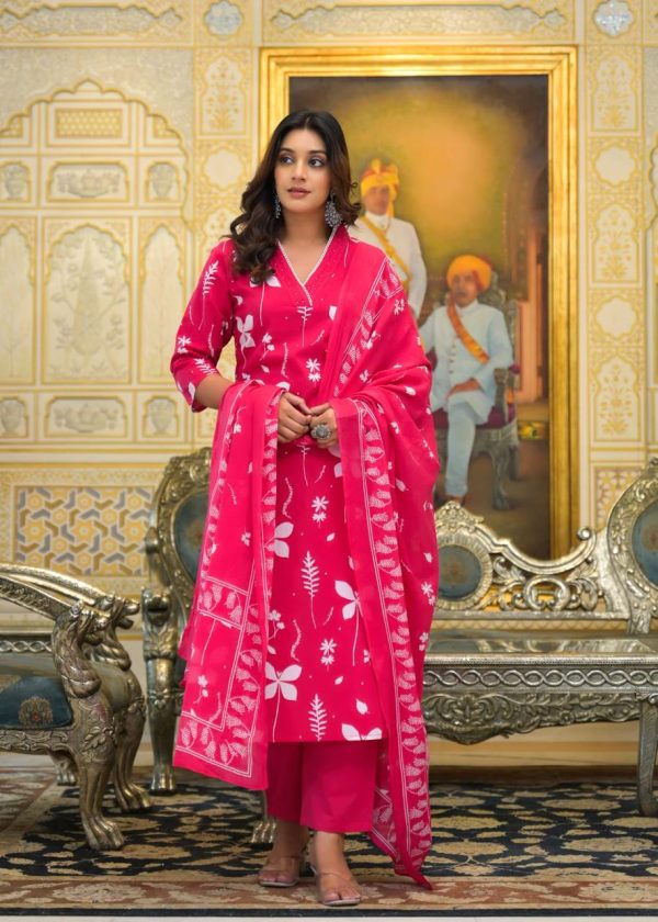 Women Viscose Rayon styles pink Kurta Set with Dupatta