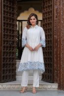 Dobby Cotton Kurta Set or Coord Set in white Color with Scalping and Thread Embroidery.