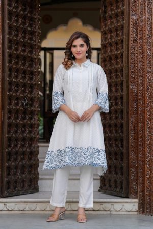 Dobby Cotton Kurta Set or Coord Set in white Color with Scalping and Thread Embroidery.