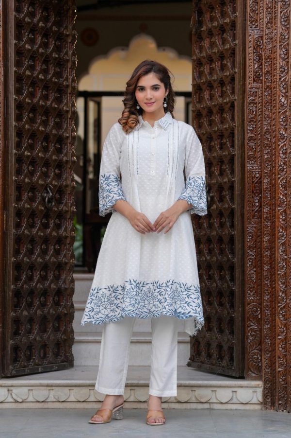 Dobby Cotton Kurta Set or Coord Set in white Color with Scalping and Thread Embroidery.