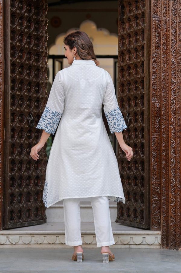Dobby Cotton Kurta Set or Coord Set in white Color with Scalping and Thread Embroidery. - Image 3
