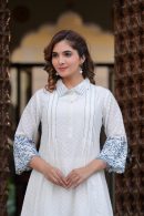 Dobby Cotton Kurta Set or Coord Set in white Color with Scalping and Thread Embroidery.