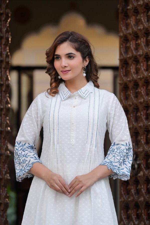 Dobby Cotton Kurta Set or Coord Set in white Color with Scalping and Thread Embroidery. - Image 2
