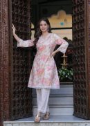 Pure Cotton Kurta Set with Beautiful Print And Pakistani Sleeves with Lace Work.