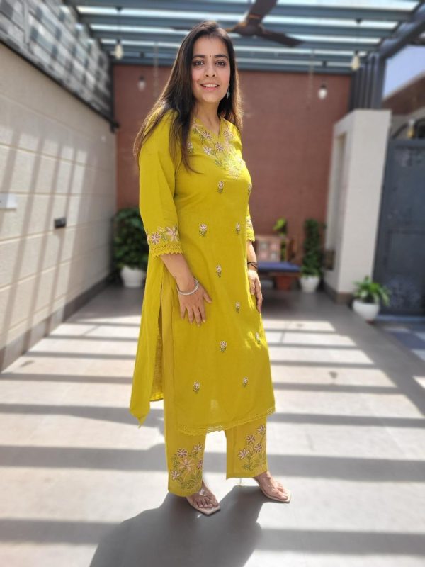 Women's Embroidered Straight Yellow Color Co-ord Set - Image 4