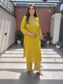 Women's Embroidered Straight Yellow Color Co-ord Set