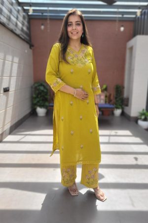 Women's Embroidered Straight Yellow Color Co-ord Set