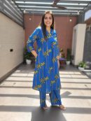 Abstract Coconut Tree Printed A-Line Paneled Co-ord Set - Blue