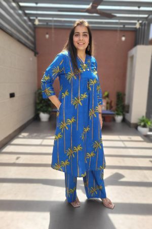 Abstract Coconut Tree Printed A-Line Paneled Co-ord Set - Blue