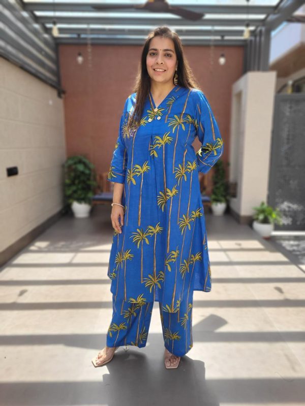 Abstract Coconut Tree Printed A-Line Paneled Co-ord Set - Blue - Image 3
