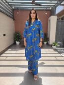 Abstract Coconut Tree Printed A-Line Paneled Co-ord Set - Blue