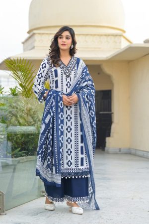 Pure Cotton V neck A-Line Plazzo Suit with Beautiful Embroidery on Neckline and Pom-Pom Work.