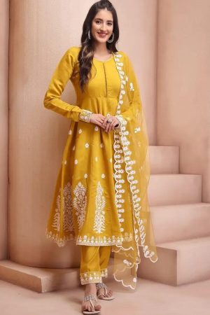 Mustard Colored Embroidered Kurta Set with Dupatta
