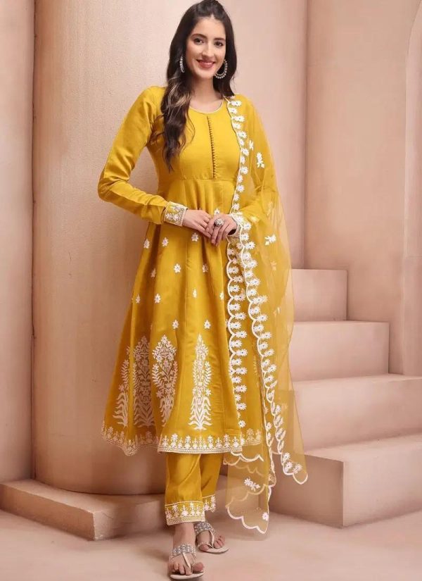 Mustard Colored Embroidered Kurta Set with Dupatta