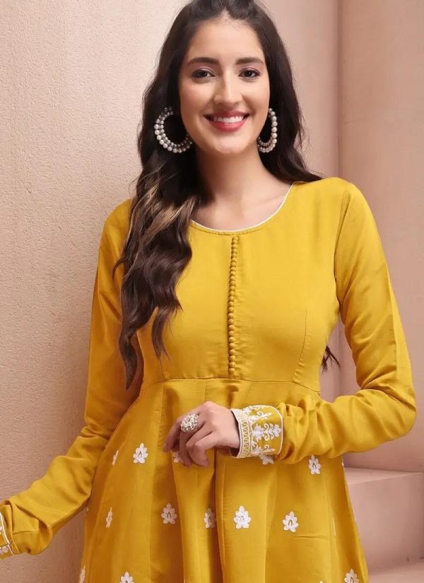 Mustard Colored Embroidered Kurta Set with Dupatta - Image 3