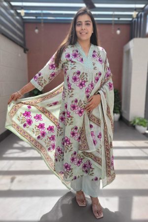 Pure Cotton A-Line Kurta Set with Dupatta