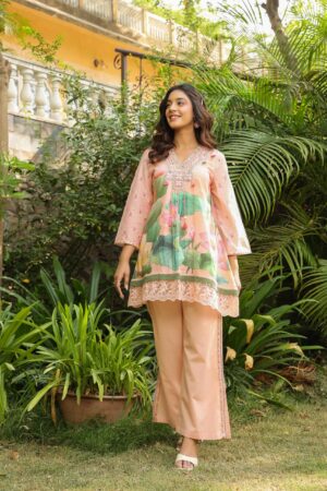 Pure Cotton Floral Print Ruhani Cord Set with Mirror Work